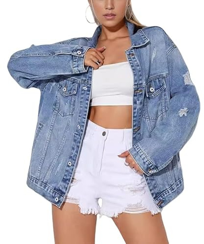 Giubbotto Jeans Donna, Giacca Di Jeans Oversize Da Donna Blu Vintage Strappato A Maniche Lunghe Bottone Fidanzato Giacca Di Jeans Moda Allentato Trucker Cappotto Di Jeans Autunno Transizione Casual