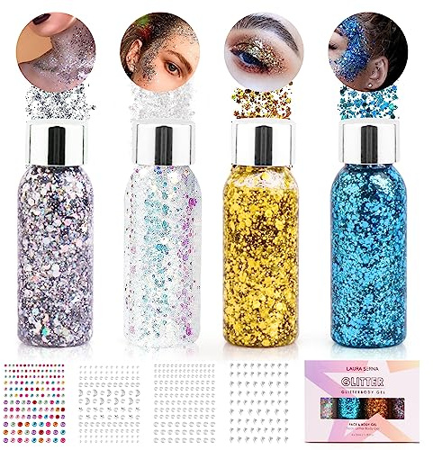 Glitzer Gesicht Festival Liquid Gel-4 Flaschen Mermaid Sequins Body Glitter | Long-Lasting Glitter Chunky Powder für Haare, Nägel, Face Make-Up - Schminke Glitzersteine Selbstklebend für Masquerade