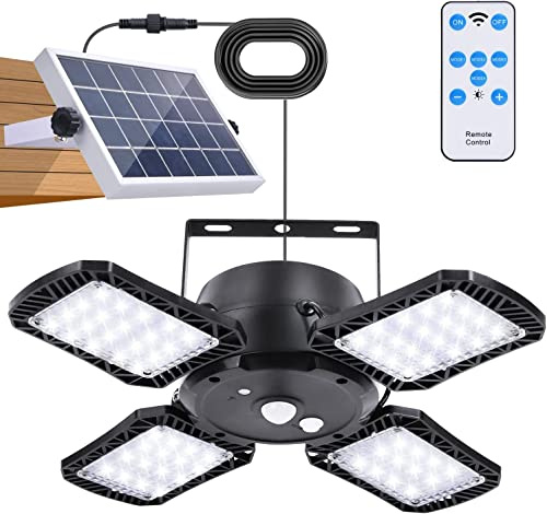 Solcellslampor för utomhusbruk med fjärrkontroll, solcellshänglampa 128 LED, 4400 mAh-batteri med 5 m kabel, IP65 vattentät, rörelsedetektor, 4 lägen, för inomhus, utomhus, trädgård, camping, hönshus,