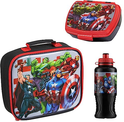 Marvel Ensemble 3 Pcs Rentrée Sac Isotherme Repas Boite à Gouter et Gourde Enfant Spiderman Avengers Dejeuner Gouter Pique Nique Accessoires Officiels (Multi Avengers)