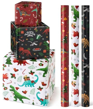 WERNNSAI Rouleaux de Papier d'Emballage Noël – 3 Rouleaux 43 cm x 3 m Papier d'Emballage de Dinosaure pour Enfants Papier d'Emballage de Noël Emballage Cadeau avec Ligne de Coupe