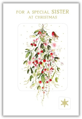 Nigel Quiney Weihnachtskarte für Schwester – Aquarell Rotkehlchen und Beerenstrauß mit geprägten Foliendetails – umweltfreundlich und recycelbar