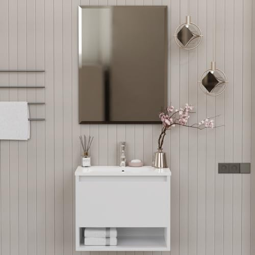 ZIK - Mobile Bagno con Lavabo e Specchio Moderno, Lavandino Bagno con Mobiletto in Legno e Ceramica, Mobile Sospeso con Finiture Eleganti e Cassetto e Vano Salvaspazio (Bianco 60 cm)