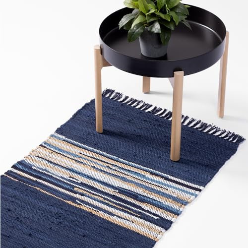 JEMIDI Alfombras Boho con Flecos - 60x90 cm - Lavable en Lavadora - Ideal para Cocina, Pasillo, Dormitorio, Salón - Blanco y Azul