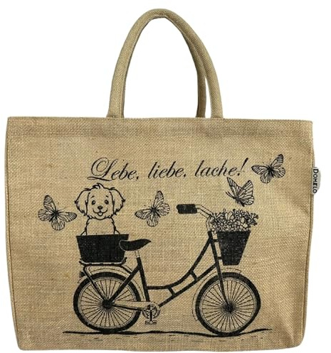 Domelo Einkaufskorb Jute Tasche groß Korbtasche beige bedruckt 24L vegan | Faltbare Einkaufskörbe, Jutetasche Shopper mit Reißverschlussfach Innen, wasserabweisende Shopping Bag Strandtasche Körbe