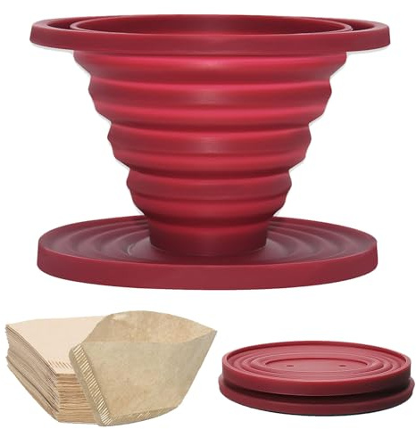Collapsible Pour Over Coffee Dripper, Silicone Reusable Cone Filter Holder, Set of 2, with 100 Paper Filters (1, Red)