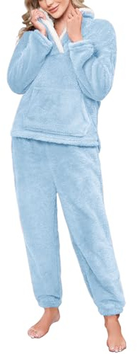 CMTOP Pyjama Femme Hiver Ensembles de Pyjama en Polaire Vêtements de Nuit Chaud et Doux Rembourré Ensemble Sleepwear Combinaison Pyjama à Revers Confortable et Moelleux avec Poches
