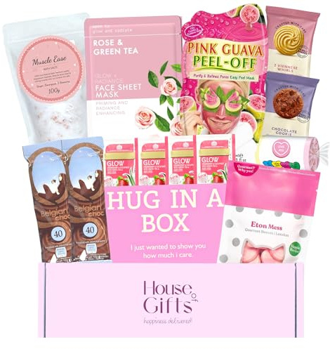 Hug In a Box Care Package For Her | Pamper Gift Set for Women with Bath Salts, Face Mask, Chocolate and much more! Get Well Soon Gift | Great Gift for a Pampered Mum