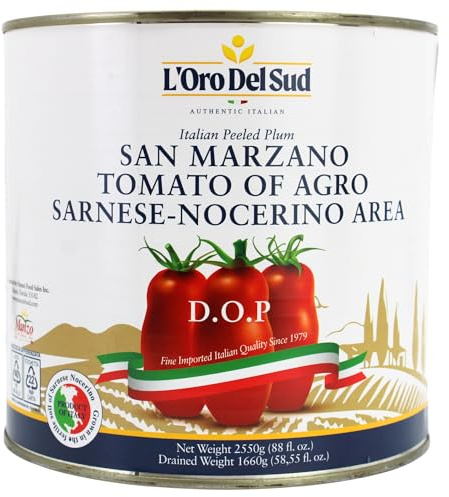 D.O.P San Marzano Tomatoes canned of Agro Sarnese-Nocerino Area, Net Wt. 2550g (88 fl. oz) L'Oro Del Sud Pomodoro San Marzano dell’Agro Sarnese-Nocerino D.O.P, Product of Italy, Drained Wt.1660g (58.55 fl. oz)