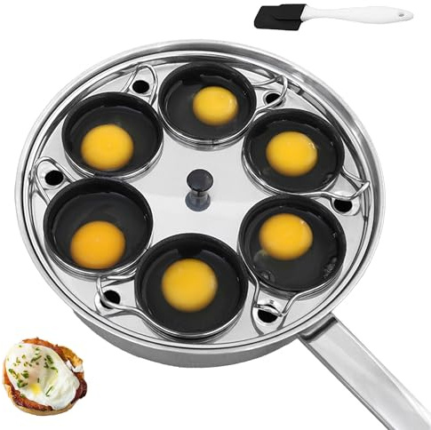 6 tazas de escalfador de huevos, olla de huevos escalfados de acero inoxidable, sartén escalfadora de huevos sin PFOA con tapa, hueveras escalfadas antiadherentes y espátula de silicona, para todas