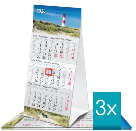 Timr skrivbordskalender 2026 liten att ställa upp - 3-månaderskalender med skjutreglage - kalender för skrivbord och kontor - motiv fyr - 3 stycken I tr372