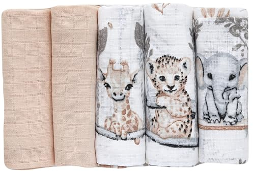 FENSILO Spucktücher Mullwindeln 5er Pack 70x80cm Mulltücher Baby Stoffwindeln für Jungen und Mädchen beige-Elephant