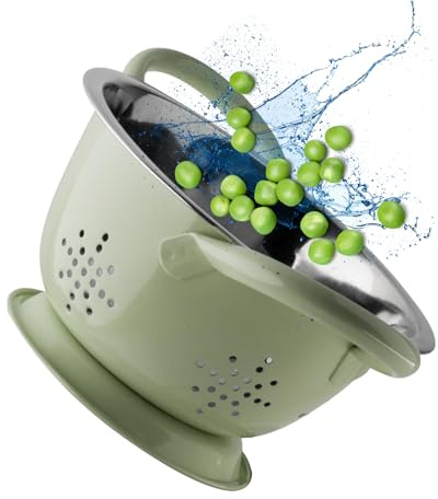 Stainless Steel Mini Colander - Durable & Rust Resistant Drainer with Perforated Drainage Holes & Ergonomic Side Handles. Great Strainer for Pasta, Veggies & Fruits. 15cm Dia x 8.6cm. Sage Colour