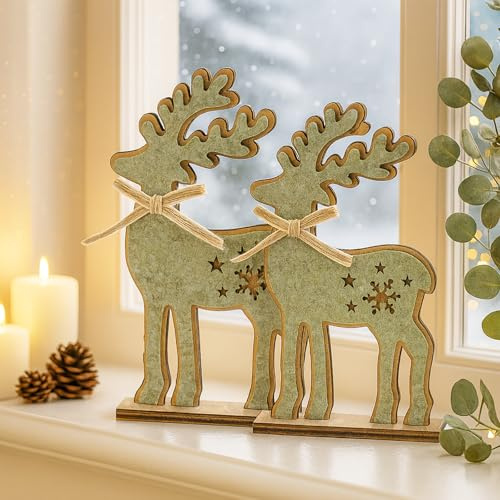 KAMACA 2er-Set Holz-Rentiere mit grünem Filzüberzug nordisch, leicht & standfest sanfte Naturtöne für Fensterbank, Tisch & Regal Elegante Winter- und Weihnachtsdeko (2er Set Rentiere mit Filz)