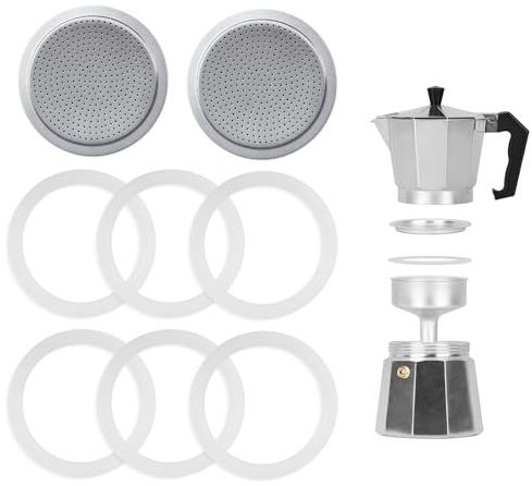 Sariputa 8 Stück Espressokocher Dichtungsring 6 Tassen, Ersatzdichtung Silikon Ersatzdichtung für Aluminium-Espressokocher für Kaffeekannen(6 x Dichtungsring aus Silikon + 2 x Aluminium-Siebeinsatz)