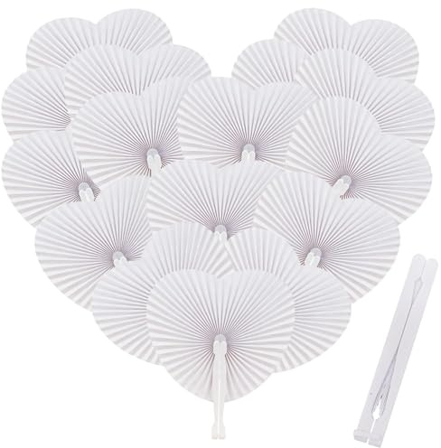 MAOOY 60Pcs White Heart Paper Folding Fans,Chinese Handheld Fan with Plastic Handle,DIY Decorative Gifts for Wedding, Birthday Party and Summer Use