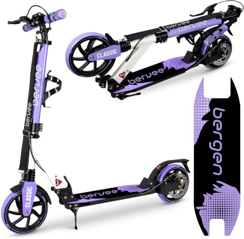 Bergen Bervee Tretroller Classic klappbar, 200 mm Räder, Vorderrad- & Fußbremse, 2× Federung, Aluminium Scooter höhenverstellbar, für Kinder ab 10 Jahre & Erwachsene bis 100 kg