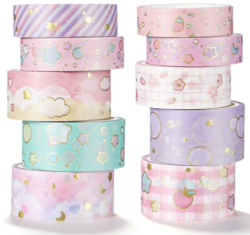 10 Rollen Washi Tape Washi Klebeband Set Dekoratives Washi-Tape Dekoratives Klebeband Bunt DIY Papier Tapes Niedliche Goldfolie Dekorative Masking Tapes für Junk Journal DIY Tagebuch & Geschenk Deko