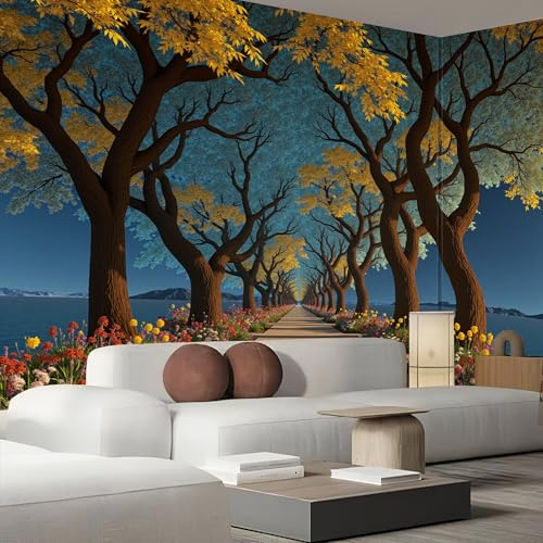 Fotomurales Xl 200X140Cm Campo Lago Camino Plantas Naturales Papel Pintado Panorámico 3D Azul Profundo Decoración De Pared Moderna Murales Para Pared Salón Cocina Baño Pasillo Comedor