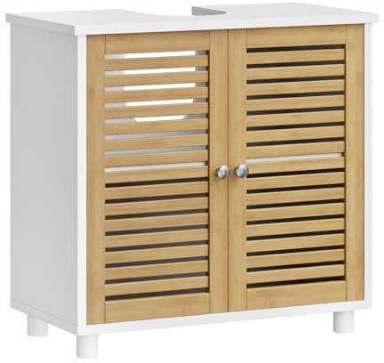 FORABAMB Waschbeckenunterschrank, Badezimmerschrank mit Bambustüren, Badezimmer unterschrank waschbecken mit viel Stauraum, höhenverstellbare Ablage,Freistehend badschrank,30 x 60 x 60 cm, Weiß
