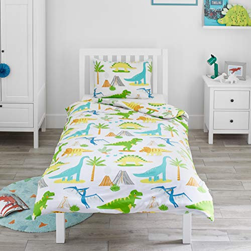 Bloomsbury Mill - Kinderbettwäsche 120 x 150cm Dinosaurier für Kinder - Baby Bettwäsche Mädchen und Jungen – Jurassic Dino Wendebettwäsche und Kissenbezug-Set für Kleinkinder & Babybetten