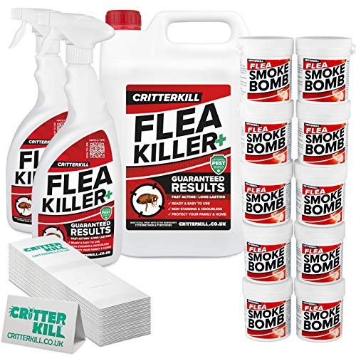 CritterKill Professional Flea Killer Set - For Repeat Treatment of Infestation - Flea Sprays + Smoke Bombs + Insect Traps (XL)