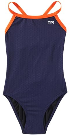 TYR Girls’ Hexa Diamondfit Swimsuit, Navy/Orange, 22