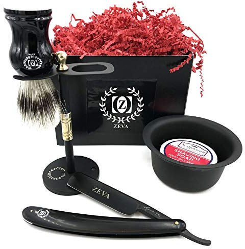 Classic 5 Pc Shave Ready Men Straight Edge Razor Shaving Set Kit All Black