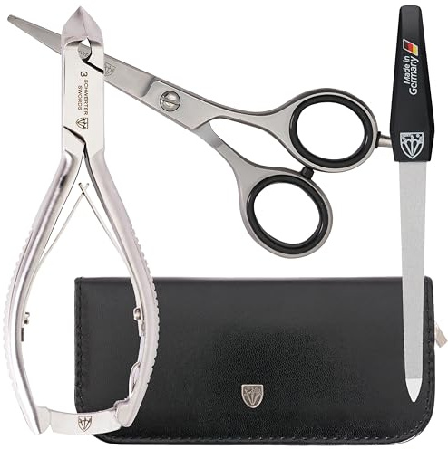 DREI SCHWERTER Pediküre Bart Set 3-tlg. stabile Nagelzange Fußnagelzange Eckenzange Kopfschneider und BARTSCHERE aus rostfreiem Edelstahl für Fußpflege, Markenqualität inkl. Feile u. Etui (547)