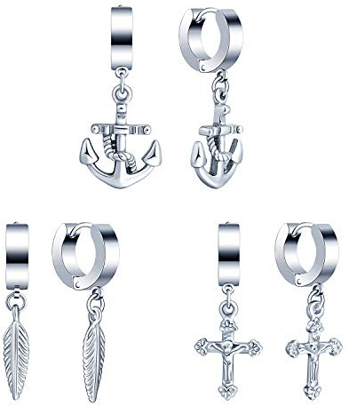 Feilok Edelstahl Charm Herren Ohrstecker Ohrringe Ohrschmuck Ohrhänger Ohrclips Creolen mit Anker Blätter Kreuz Anhänger Silber für Frauen Herren
