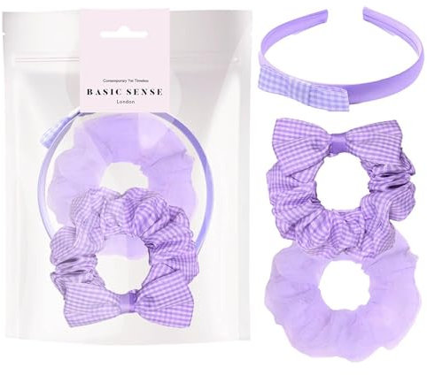 Basic Sense Gingham Check Hair Accessories Set, Hair Scrunchies, Headband, Aliceband for School Uniform, Lilac