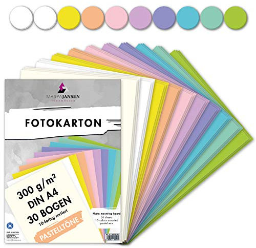 MarpaJansen Fotokarton 10 Pastellton Farben, DIN A4, 30 Bogen, 300 g/qm, Blauer Engel zertifiziert