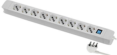 Electraline 61913 Multipresa 9 Posti polivalenti (schuko + 10/16A) di grossa robustezza, Cavo 2 metri, con sistema avvolgi cavo integrato, Spina 90° salvaspazio, 16A