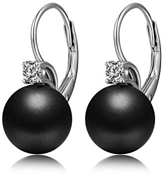 JiaYang 925 Sterling Silber Schwarze Perlenohrringe Hängende Ohrringe mit runden kubischen Zirkonia für Damen
