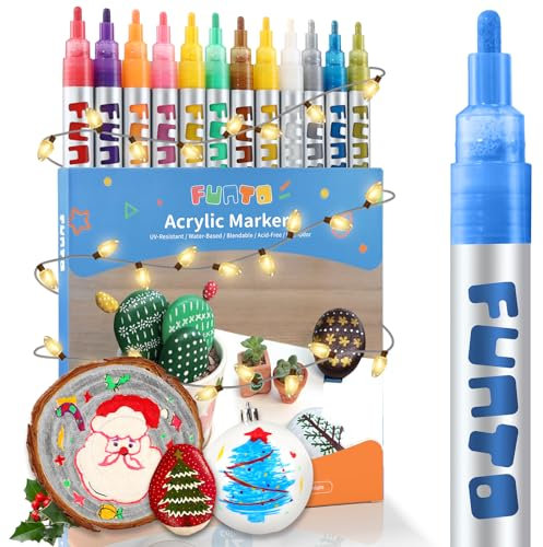 Funto Acrylstifte für Steine Wasserfest, Stoff, Holz, Leinwand, Metall, Keramik, Glas, Scrapbooking, Handwerk, 12 Farben, Farbmarker-Set, mittlere Spitze, ungiftig, schnell trockned