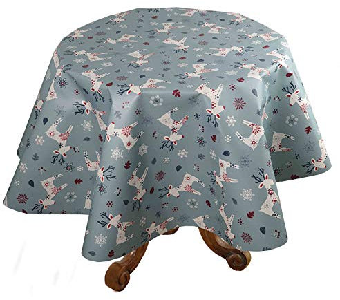 Wachstuch Wachstischdecke Tischdecke Weihnachten Blau Rentier Oval 140 x 180 cm abwaschbar Weihnachtstischdecke