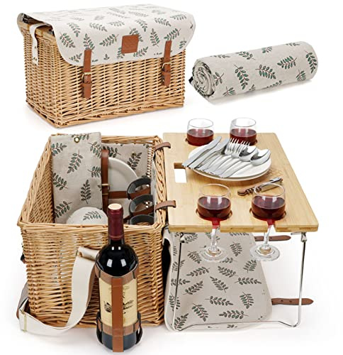 WILLOW WEAVE Cestino da picnic con tavolo, Set da picnic per vino per 4 persone, Cestino da picnic in vimini per 4, Willow Hamper Service Set regalo con coperta e tavolo portatile per vino e snack per