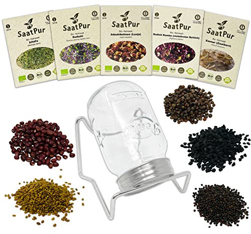 SaatPur® Bio Keimsprossen Geschenk-Set Nr7 mit Keimsprossenglas 500ml und 5 Saattüten Keimsaat, hohe Keimkraft, Micro-Greens für vitaminreiche Ernährung, nachhaltige Graspapier-Verpackung, vegan