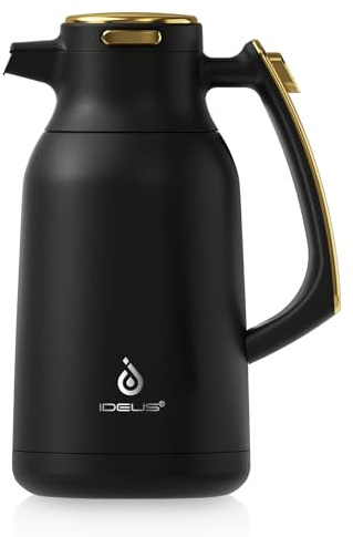 IDEUS® Termoskanna 2 l, rostfritt stål dubbelväggig kaffekanna vakuumisolering termoskanna varmhållningskanna tekanna för kaffe, BPA-fri (svart och guld)