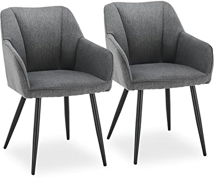 CLIPOP Esszimmerstühle 2er Set Leinen Küchenstuhl Polsterstuhl mit Armlehne und Metall Beine, Retro Design Armlehnstuhl Sessel für Wohnzimmer Esszimmer (2er, Leinen Dunkelgrau)