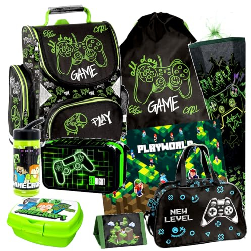 Schultasche Rucksack Player Games Play Pixel 9 Teile Set Tornister Ranzen Schulranzen Tasche Federmappe Schultüte 85 cm mit Sticker-von-Kids4shop Schulrucksack