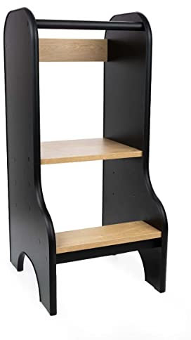Lernturm Für Kinder Baby | Küchenhelfer Höhenverstellbar | Montessori Learning Tower | Kitchen Helper ab 1 Jahr aus naturholz | Farbe: Schwarz/Eichenimitat