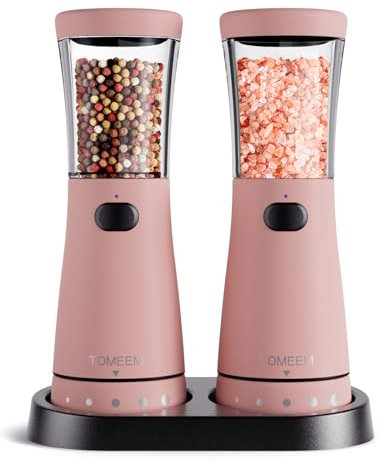 Salz und Pfeffermühlen elektrisch 2er Set aus Edelstahl (Wiederaufladbar, LED Beleuchtung, mit einstellbarem Keramikmahlwerk, Reinigungsbürste Bürste) Gewürzmühle elektrisch Adjustable, Pink