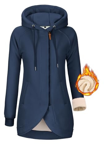 Lonya Felpa Donna con Zip e Cappuccio Felpe Pile Invernale Caldo Hoodie Cappotto a Manica Lunga Giacca Cerniera Peluche con Tasche Giubbotto Giubbino Sweatshirt, Blu Marino, S