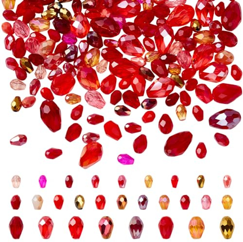 NBEADS över 178 st. Glaspärlor droppform, vertikalt hål tårdroppe fasetterade pärlor för armband halsband örhänge smyckestillverkning, 6–12 x 4–8 mm, röd