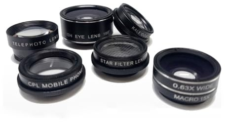 7-in-1 Handykameraobjektiv Schwarz aus Metall und Glas | Clip Befestigung für Smartphones, 198° Fisheye und 0,63 Stück Weitwinkel, 15 Stück Makro, 2 Stück Telekonverter, Polarisator