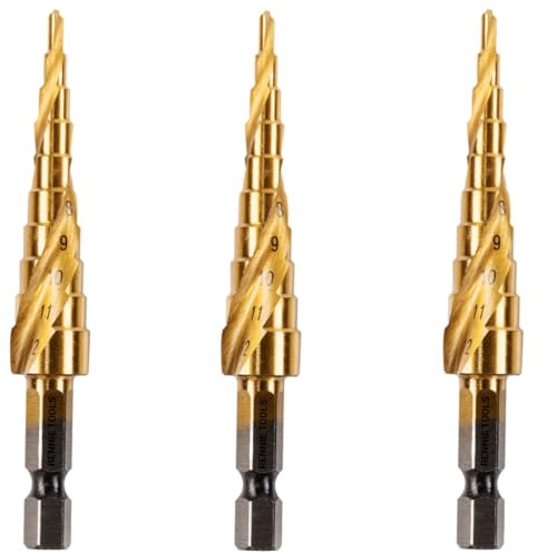 Rennie Tool 3pcs - 3-12mm Spiral Flute HSS Step Drill Bits Titanium Coated | Hex Shank. For Steel, Stainless Steel, Aluminium, Copper, Plastic, DIY. Cone Cutter Hole Cutter Drill Bits 3mm to 12mm