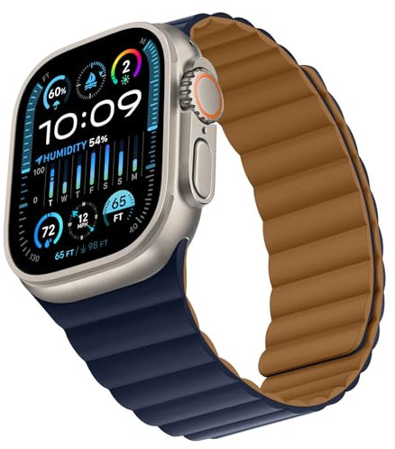 Bisikor Compatibile con Cinturino Apple Watch 49/46/45/44/42/41/40/38mm, Cinturino Magnetico in Silicone Indossabile Due Lati per iWatch Ultra SE Series 10 9 8 7 6 5 4 (42/44/45/46/49, Marrone/Blu)