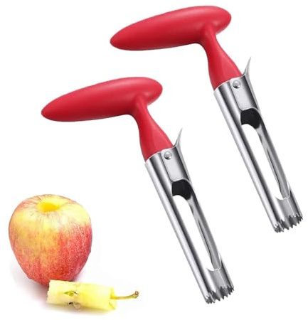 Vide-pomme, extracteur de vide-pomme ou de poire en acier inoxydable, outil d'extraction de noyau pour la maison et la cuisine avec poignée d'angle de lame dentelée tranchante, paquet de 2 (rouge)