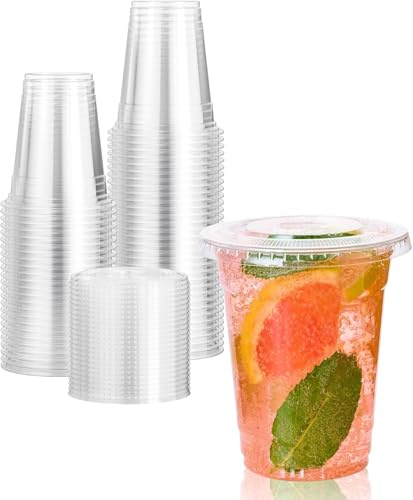 ECONX 50 X Smoothie Cups with Flat Lids 10oz Strong Clear Plastic Cups Reusable for Smoothies, Juice, Milkshakes, Iced Coffee, Slushy, Bubble Tea, Thick Drinks Perfect for Takeaway Restaurants